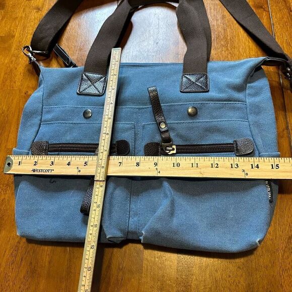 TaoMaoMao Blue Canvas Shoulder Bag Tote Brown Straps Trim Work Travel Bag 15x12” - Picture 8 of 11